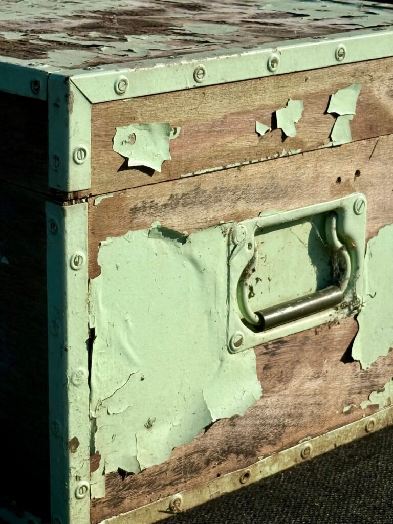 Groene metalen kist met handvat, stevig zoals een biohort opbergbox uit een outlet in belgie
