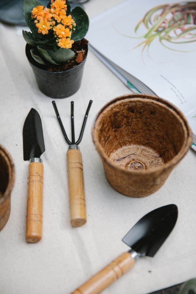 Tuingereedschap en een bloempot op een tafel, spullen voor een hoge plastic kast in de tuin
